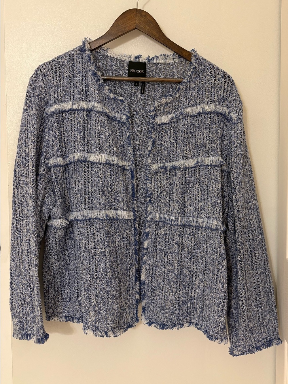 NIC+ZOE Light Blue Fringe-Trim Open Knit Cardigan Size:XL Cotton Blend